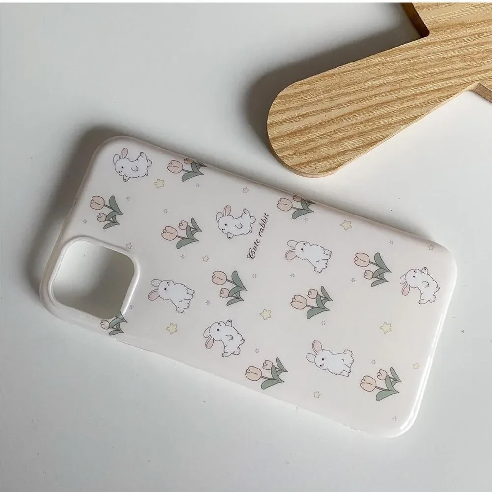 Cream White Floral Bunny Phone Case for iPhone 12 NEW